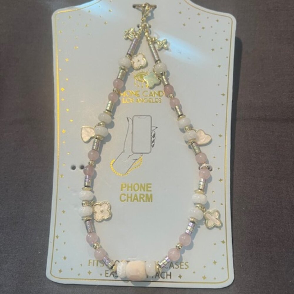 Pink‎ Beaded phone charm, lanyard-style accessory attaches to mobile phone cases